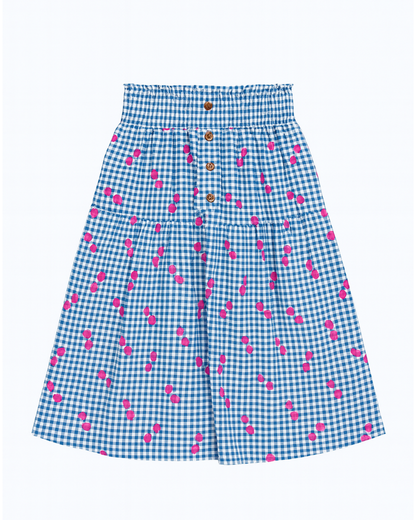 Falda estampada cuadros azul con cerezas rosas