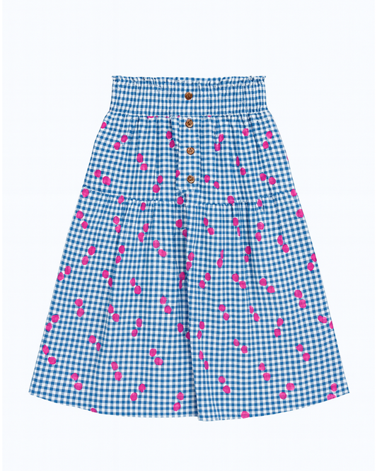 Falda estampada cuadros azul con cerezas rosas