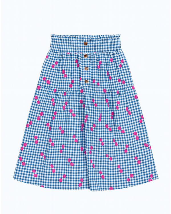 Falda estampada cuadros azul con cerezas rosas