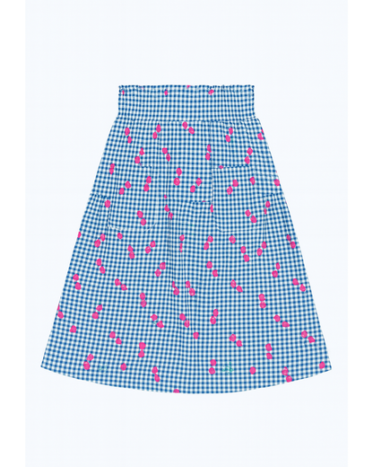 Falda estampada cuadros azul con cerezas rosas