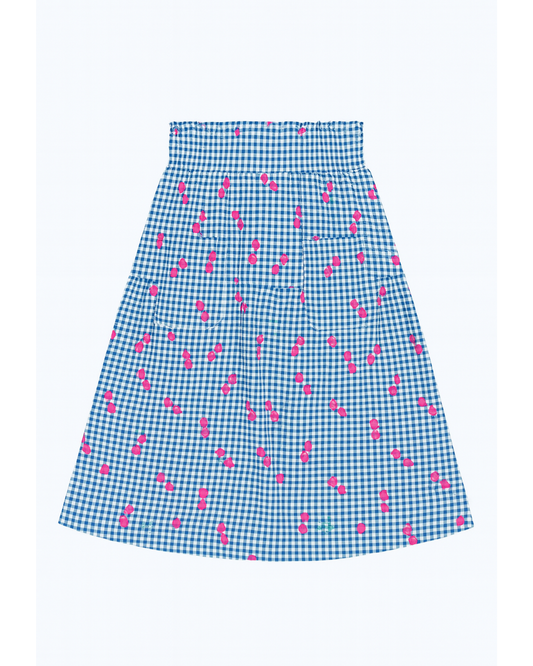 Falda estampada cuadros azul con cerezas rosas