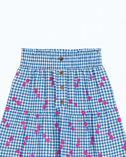 Falda estampada cuadros azul con cerezas rosas