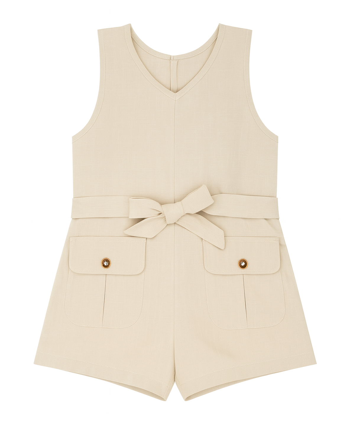 Enterizo corto beige con cinturón y bolsillos frontales