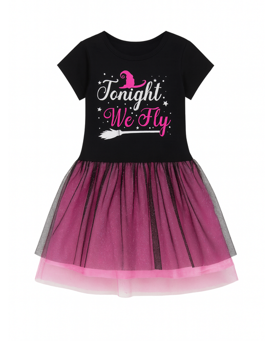 Vestido negro con falda de tul fucsia
