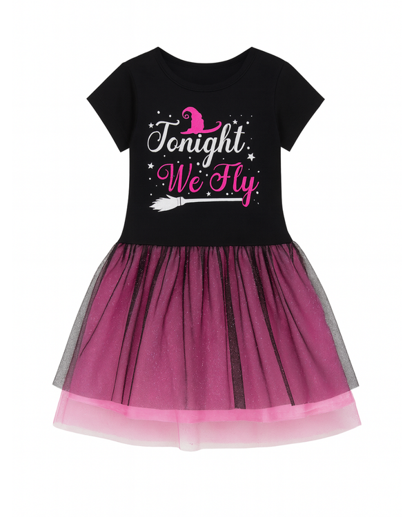 Vestido negro con falda de tul fucsia