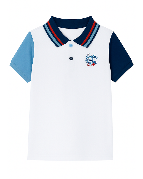Polo Infantil Blanco con Detalles Azul y Rojo “Good Chips”