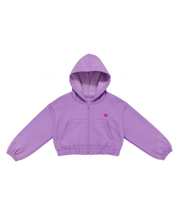 Hoodie cropped lila con cremallera y detalle de corazón