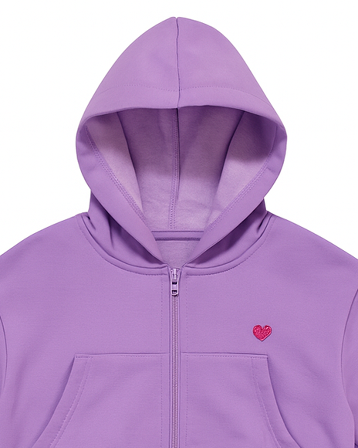 Hoodie cropped lila con cremallera y detalle de corazón