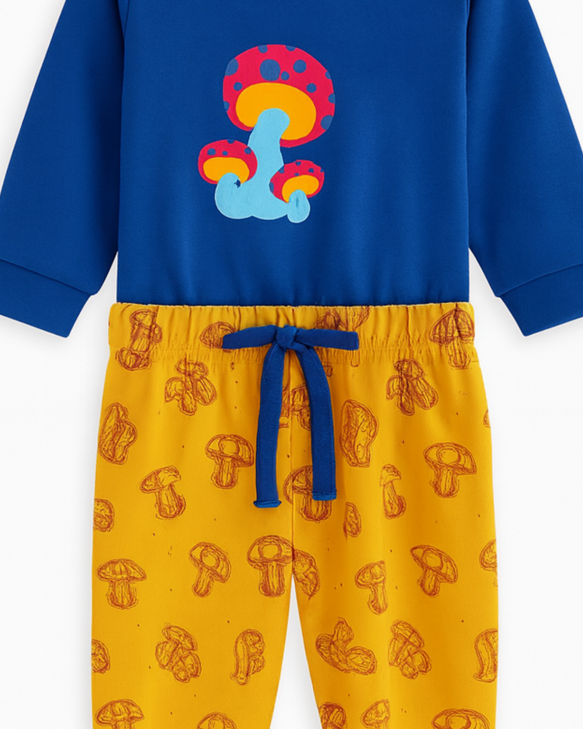 Conjunto azul y amarillo con estampado de hongos