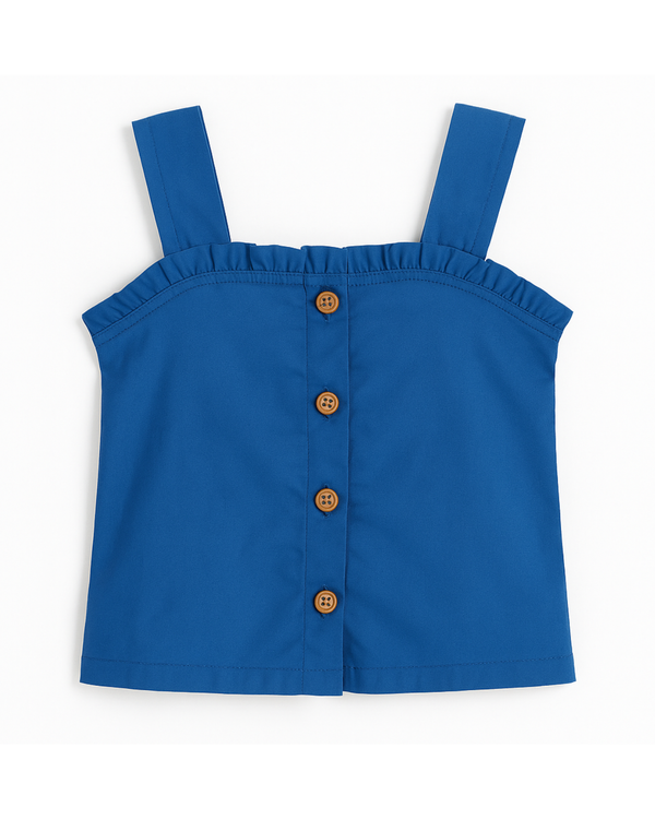 Blusa azul con tiras anchas y botones frontales