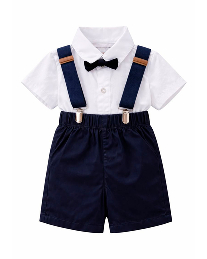 Enterizo Formal Blanco y Azul con Tirantes y Corbatín