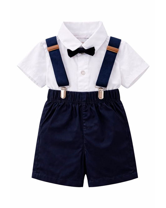 Enterizo Formal Blanco y Azul con Tirantes y Corbatín