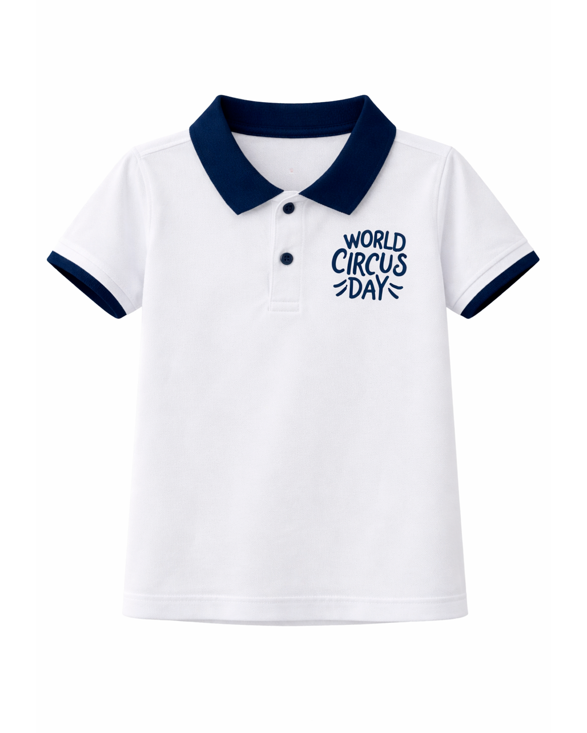 Camiseta Polo Infantil Blanca con Cuello Azul “World Circus Day”
