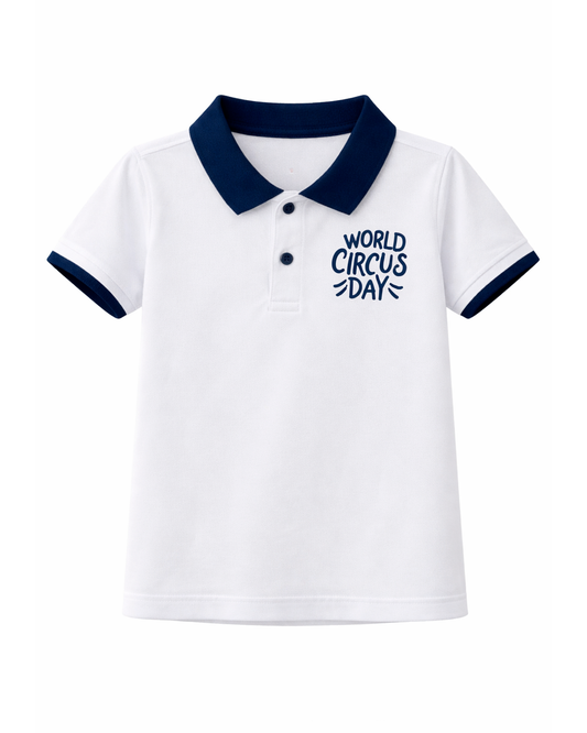 Camiseta Polo Infantil Blanca con Cuello Azul “World Circus Day”