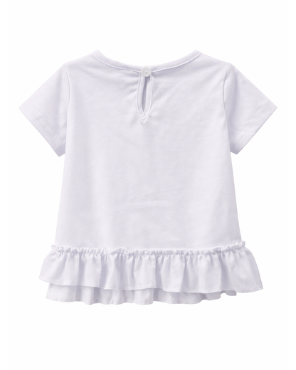 Blusa Blanca con Volante Asimétrico y Estampado Circus
