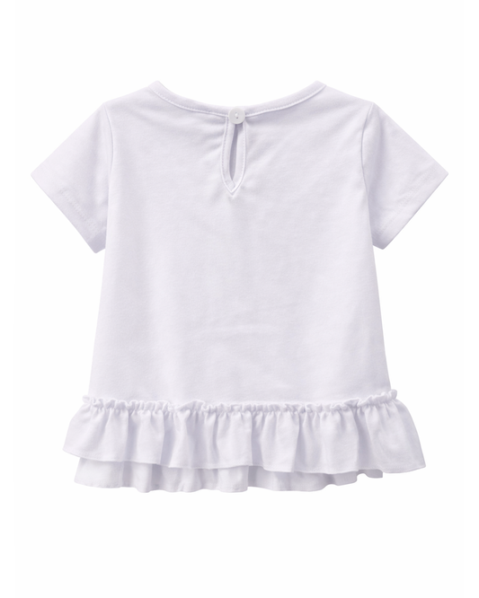 Blusa Blanca con Volante Asimétrico y Estampado Circus