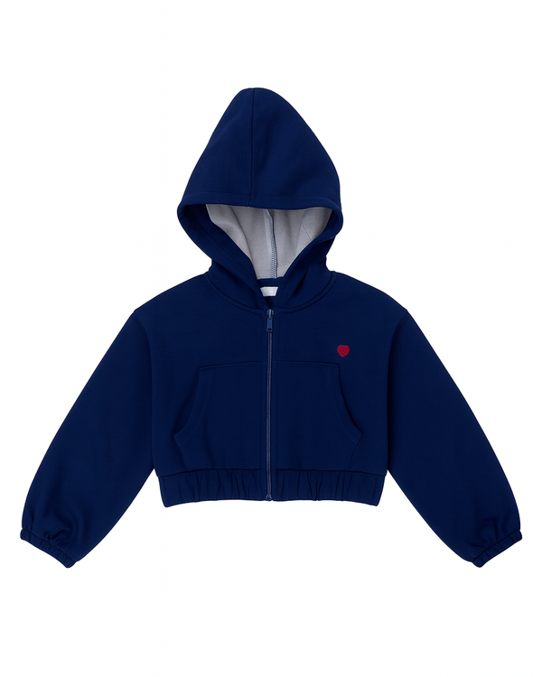 Chaqueta hoodie corta azul marino con capucha y detalle de corazón