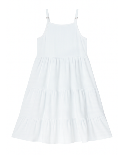 Vestido blanco largo con tirantes ajustables y volantes