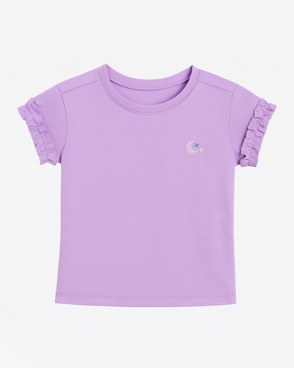 Camiseta Lavanda con Volantes y Bordado de Luna y Estrellas