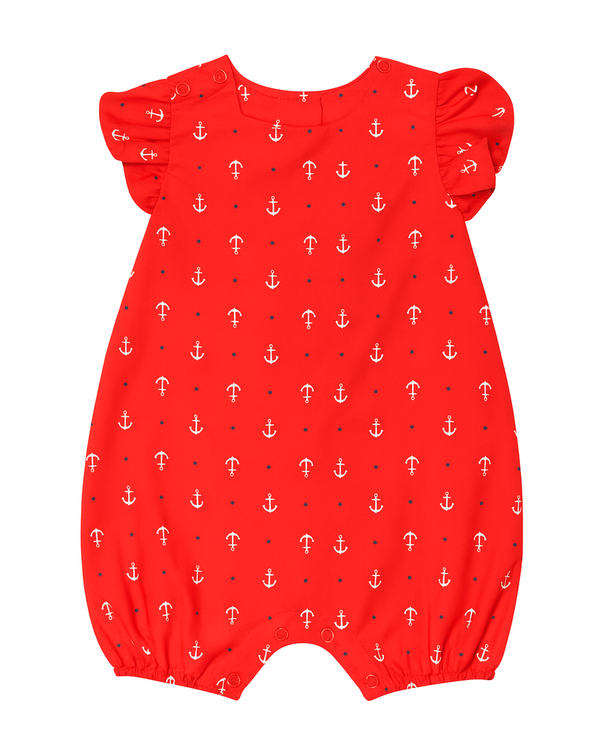 Enterizo rojo con estampado de anclas y mangas con volantes