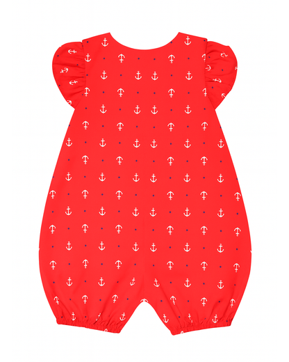 Enterizo rojo con estampado de anclas y mangas con volantes