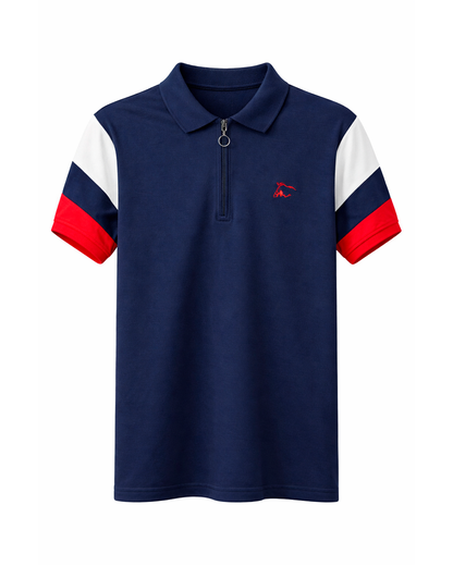 Polo Infantil Azul Marino con Cremallera y Detalles Tricolor