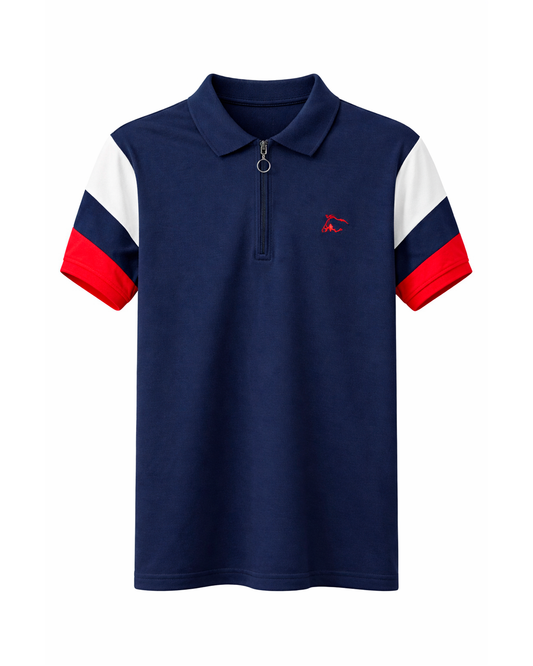 Polo Infantil Azul Marino con Cremallera y Detalles Tricolor