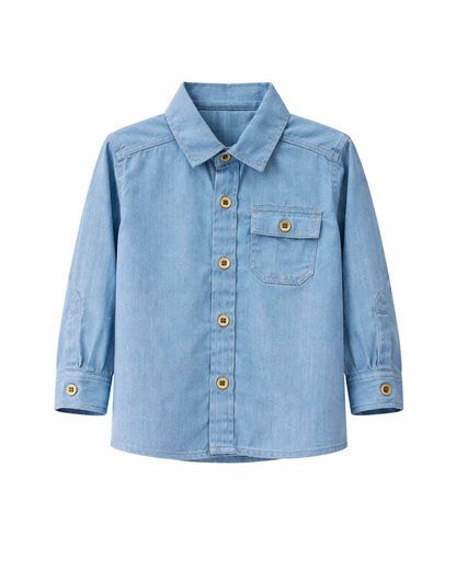 Camisa Infantil en Denim Azul Claro Manga Larga
