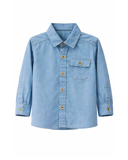 Camisa Infantil en Denim Azul Claro Manga Larga
