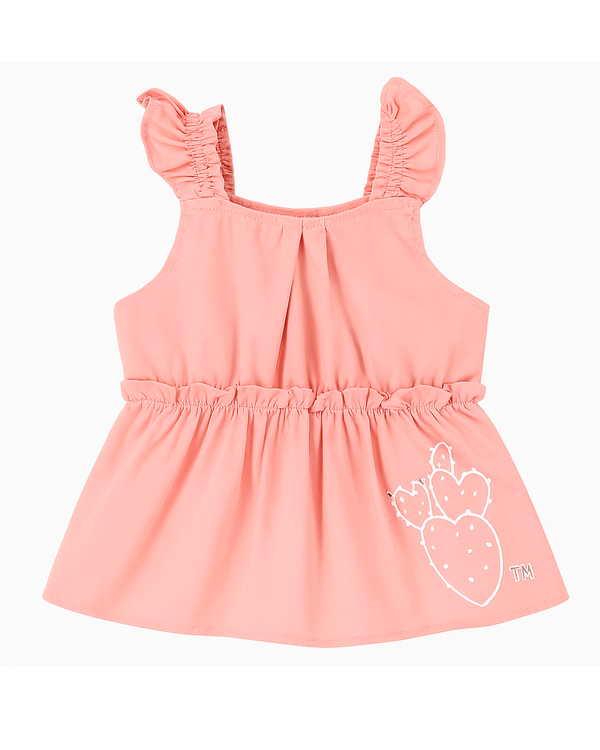 Blusa coral con tirantes fruncidos y estampado de fresa