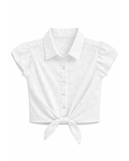 Blusa Niña en Ojalillo con Nudo Frontal Blanca