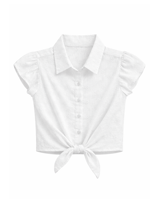 Blusa Niña en Ojalillo con Nudo Frontal Blanca