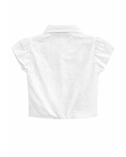 Blusa Niña en Ojalillo con Nudo Frontal Blanca