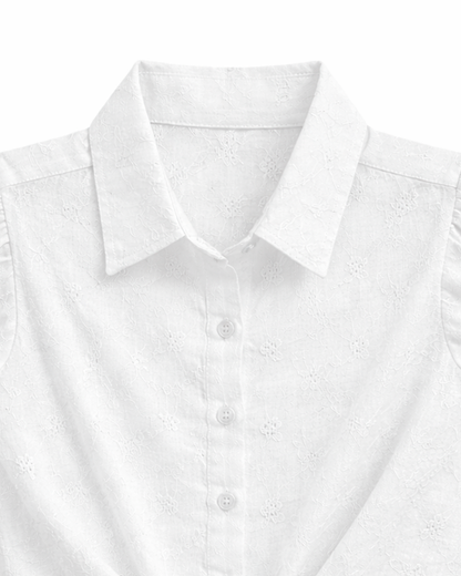 Blusa Niña en Ojalillo con Nudo Frontal Blanca