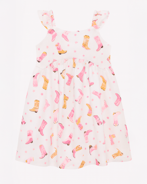 Vestido Blanco con Estampado de Botas del Oeste