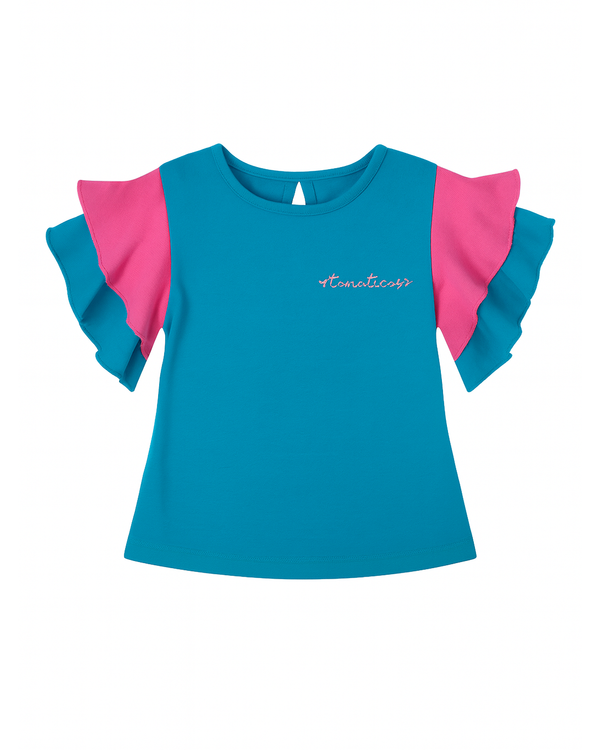 Blusa Turquesa con Mangas Volantes Bicolor