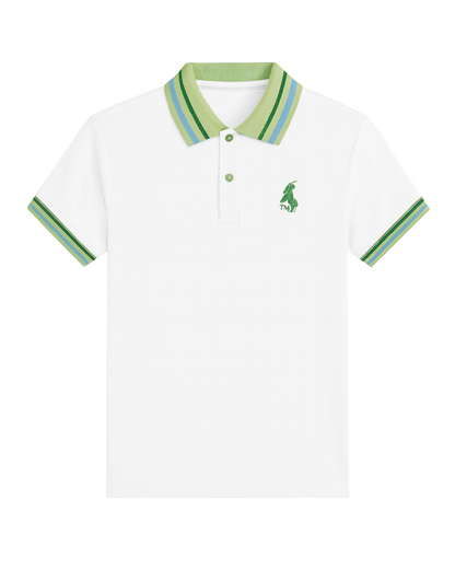Polo Blanco con Cuello Verde y Rayas Bicolor
