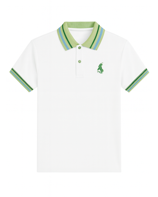Polo Blanco con Cuello Verde y Rayas Bicolor