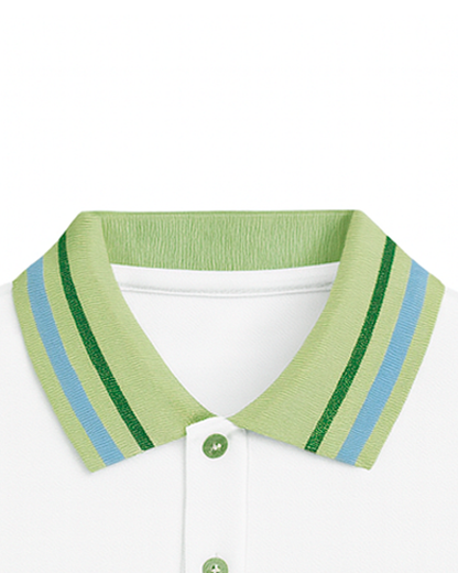 Polo Blanco con Cuello Verde y Rayas Bicolor