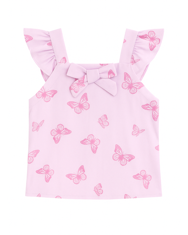 Blusa Infantil Rosa con Estampado de Mariposas y Lazo Frontal