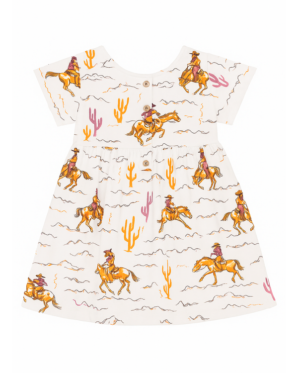 Vestido infantil blanco con estampado de vaqueros y cactus