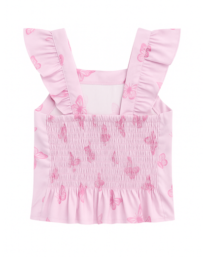 Blusa Infantil Rosa con Estampado de Mariposas y Lazo Frontal