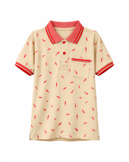 Camiseta Tipo Polo Niño Estampado Beige con Rojo