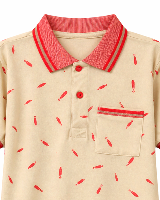 Camiseta Tipo Polo Niño Estampado Beige con Rojo