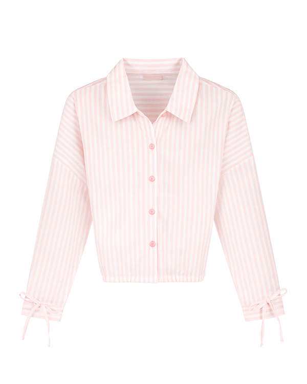 Camisa rosa a rayas con lazos en mangas